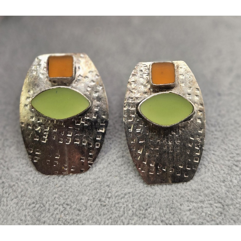 Artisan Modernist Geo Green Orange Sea Glass Hammered Silvertone Stud Earrings